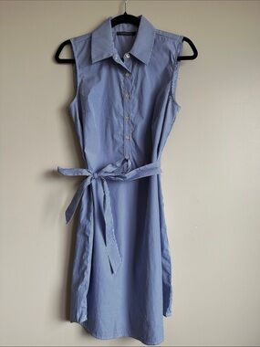 Suzy Shier Blue and White Pinstripe Sleeveless Shirt Midi Dress